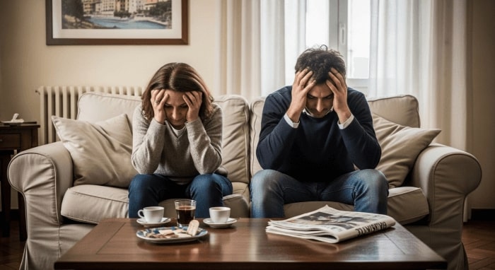 Genitore stressato si tiene la testa tra le mani