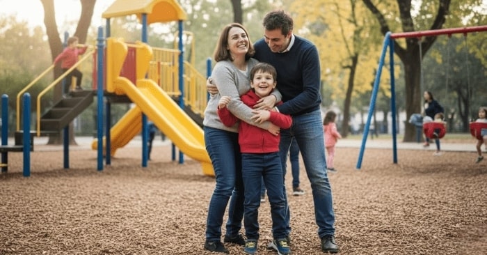Genitori e figlio si abbracciano sereni dopo aver superato un momento difficile