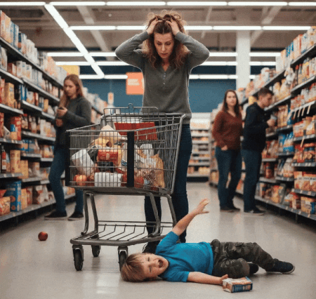 Genitore stressato e ansioso al supermercato